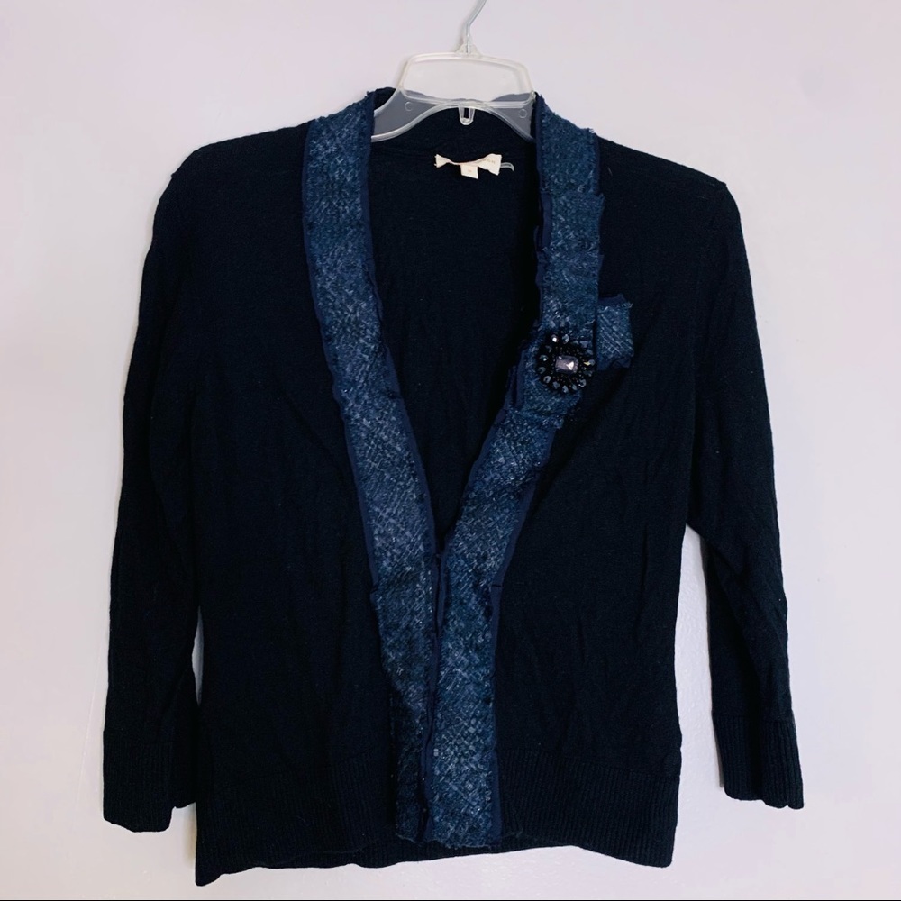 Tory Burch Wool tweed navy blue embellished jewel cardigan medium women’s